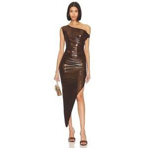 Norma Kamali Drop Shoulder Side Drape Gown Chocolate Metallic Bodycon Dress XL